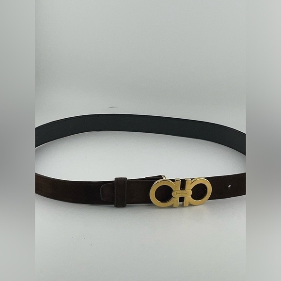 VTG SALVATORE FERRAGAMO GOLD TONE GANCINI BUCKLE BROWN SUEDE LEATHER BELT 26-30  - Picture 3 of 7